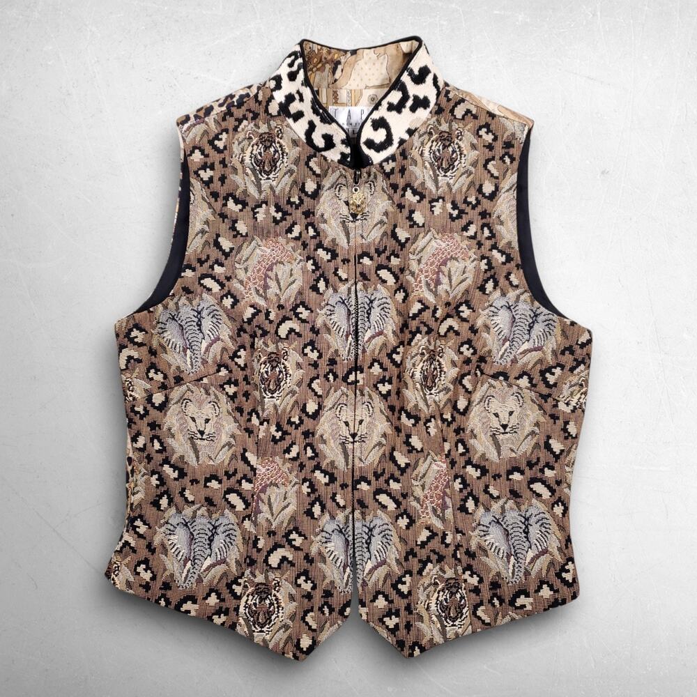 VTG TAPP NY Safari‎ Animal Tapestry Vest Women L Brown Zip Mandarin Collar Lined